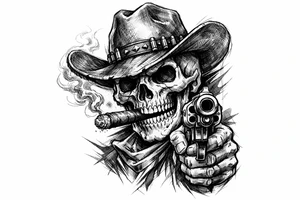 skull with cowboy-hat,a big cigar in his mouth and a gun in a hand. tattoo idea