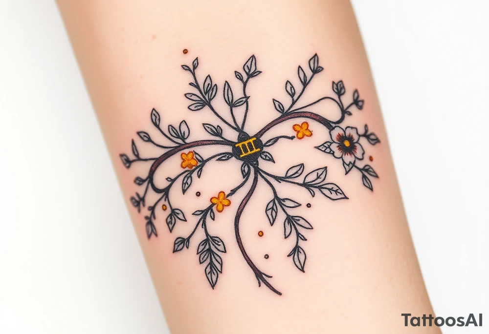 An enchanted bow made of intertwining vines and flowers, with golden Sagittarius glyphs glowing among the leaves tattoo idea