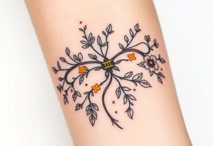 An enchanted bow made of intertwining vines and flowers, with golden Sagittarius glyphs glowing among the leaves tattoo idea
