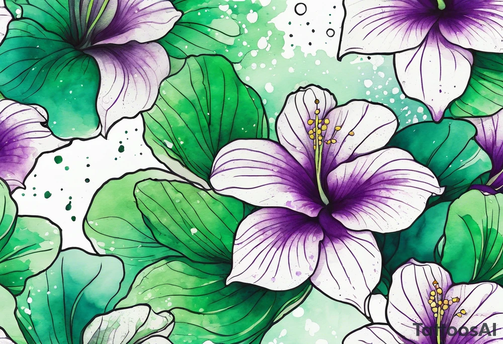 An outline of an only green rio dipladenia flower and a green and purple watercolor splash in the background tattoo idea