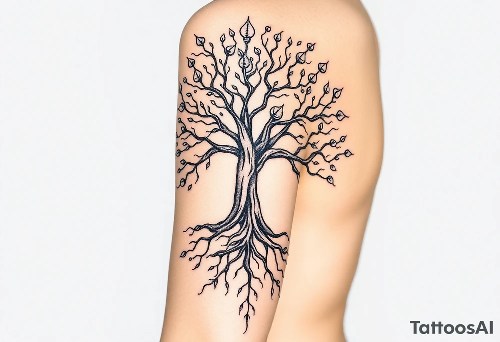 mystical tree of life with cosmic roots and celestial branches with 4 leaf klovers tattoo idea