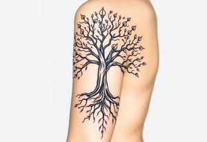 mystical tree of life with cosmic roots and celestial branches with 4 leaf klovers tattoo idea