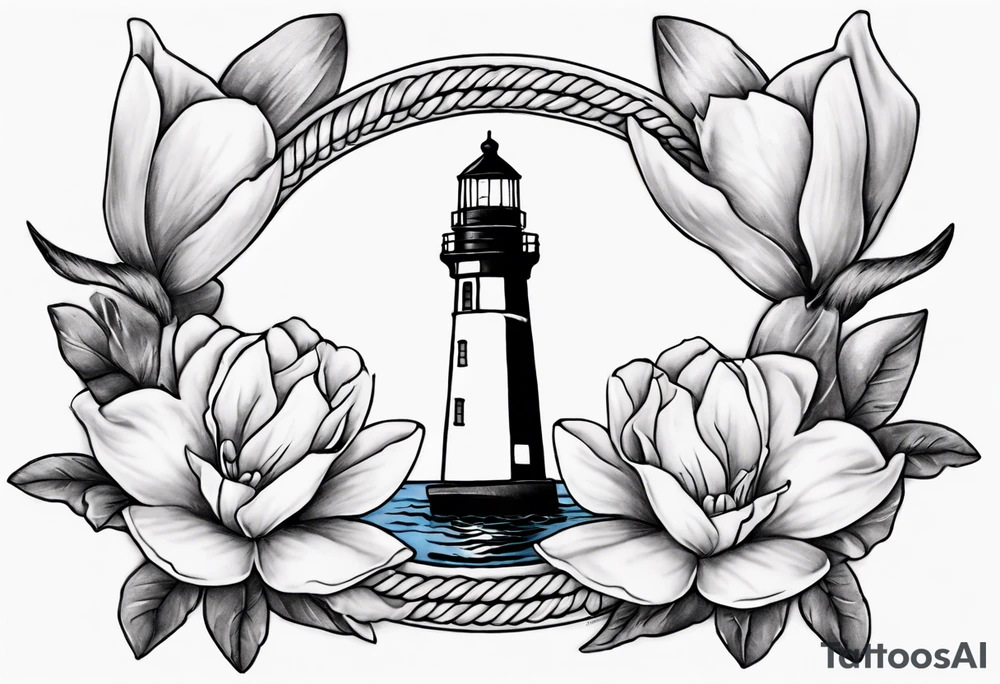 tattoo of a light house bordered by magnolia flowers and rope. In the background there is a periwinkle blue cancer awareness ribbon being lit up by the lighthouse tattoo idea