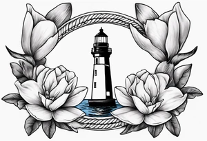 tattoo of a light house bordered by magnolia flowers and rope. In the background there is a periwinkle blue cancer awareness ribbon being lit up by the lighthouse tattoo idea