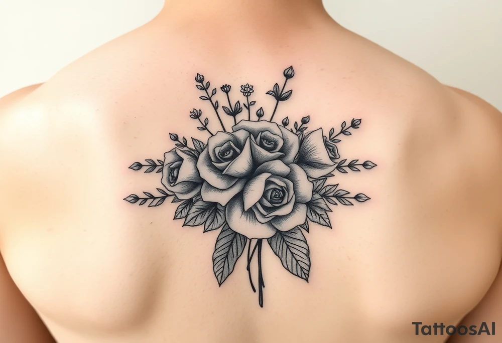 vintage bouquet of wild roses and meadow flowers with morning dew tattoo idea