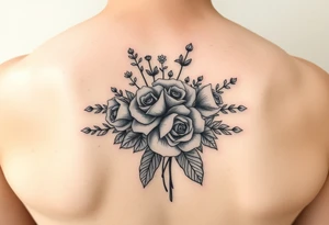 vintage bouquet of wild roses and meadow flowers with morning dew tattoo idea