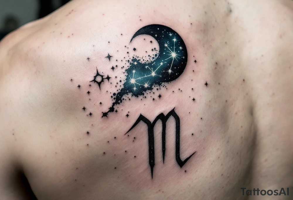 A dark blue Virgo constellation floats above the zodiac symbol carved in moss green near the collarbone. tattoo idea