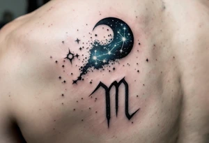A dark blue Virgo constellation floats above the zodiac symbol carved in moss green near the collarbone. tattoo idea
