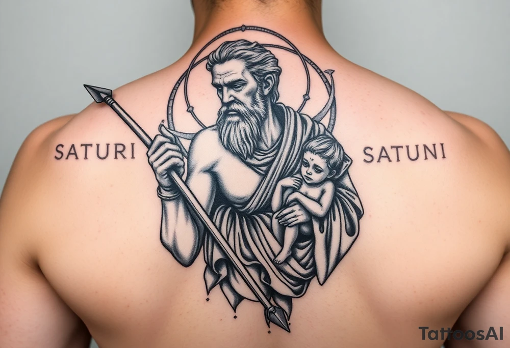 a tattoo design of the Greek God Saturn but older and nearly dying holding a spear with the astrology Saturn symbol as the spear head, in his other arms cradling a twin dying younger version of himself. The gemini constellation is in the background behind the Saturn Gods tattoo idea