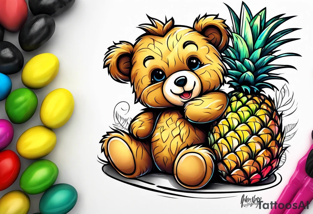 Teddy bear hugging a pineapple tattoo idea