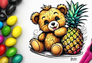 Teddy bear hugging a pineapple tattoo idea