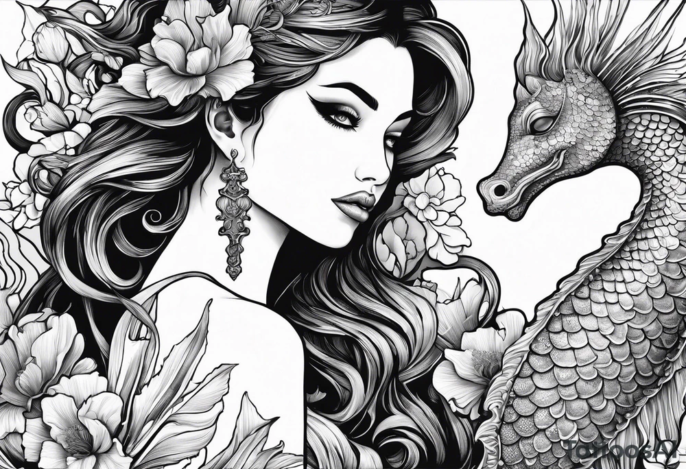 Mermaid face and half body looking at seahorse both on side profile. Trident near hair, horns coming from head. Flowers and reeds, tattoos on skin, big lips and eyes tattoo idea