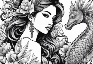 Mermaid face and half body looking at seahorse both on side profile. Trident near hair, horns coming from head. Flowers and reeds, tattoos on skin, big lips and eyes tattoo idea