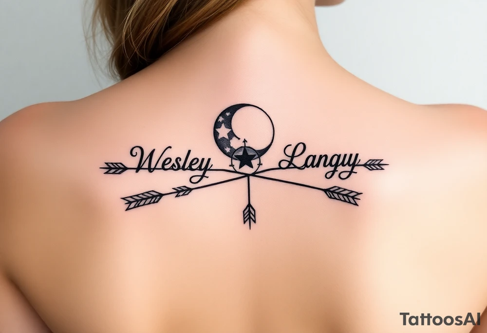 Name tattoo with Wesley, Brantley, Logan with entwined arrows and moons tattoo idea