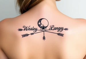 Name tattoo with Wesley, Brantley, Logan with entwined arrows and moons tattoo idea