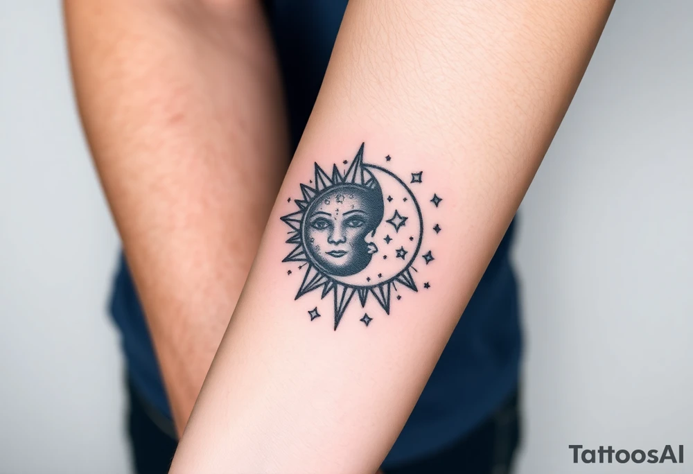 celestial sun and moon embrace with constellation patterns tattoo idea
