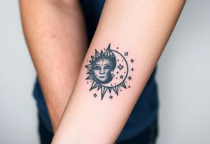 celestial sun and moon embrace with constellation patterns tattoo idea