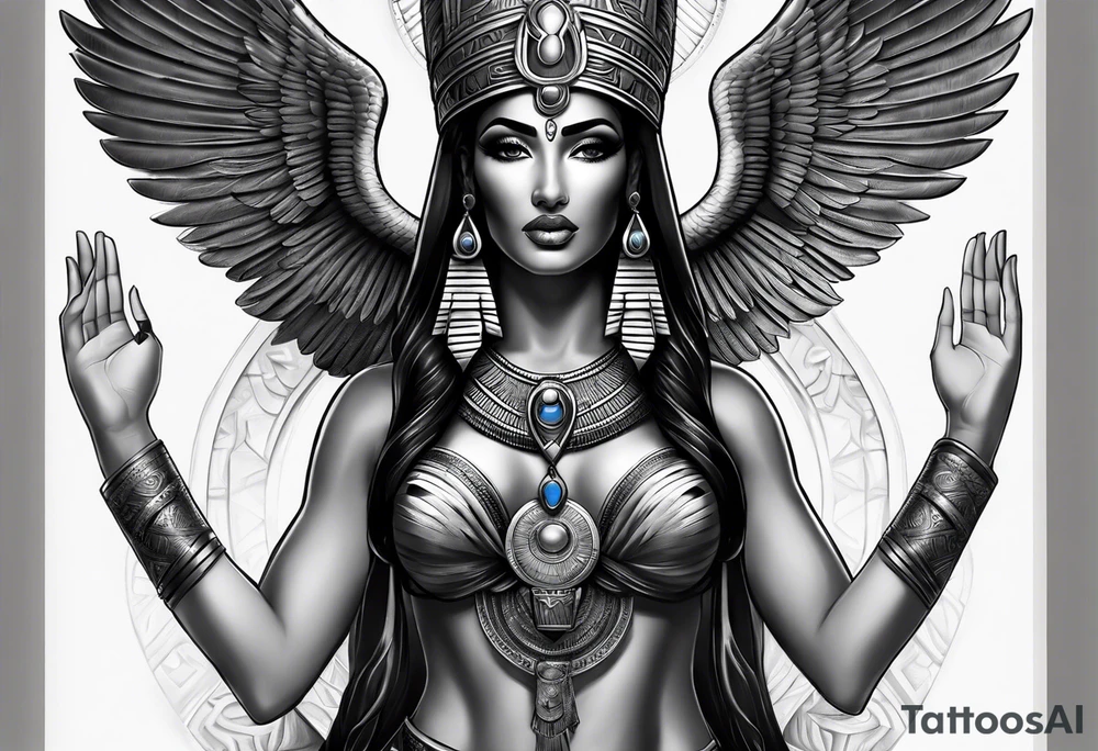 black and gray photo realistic goddess isis tattoo idea