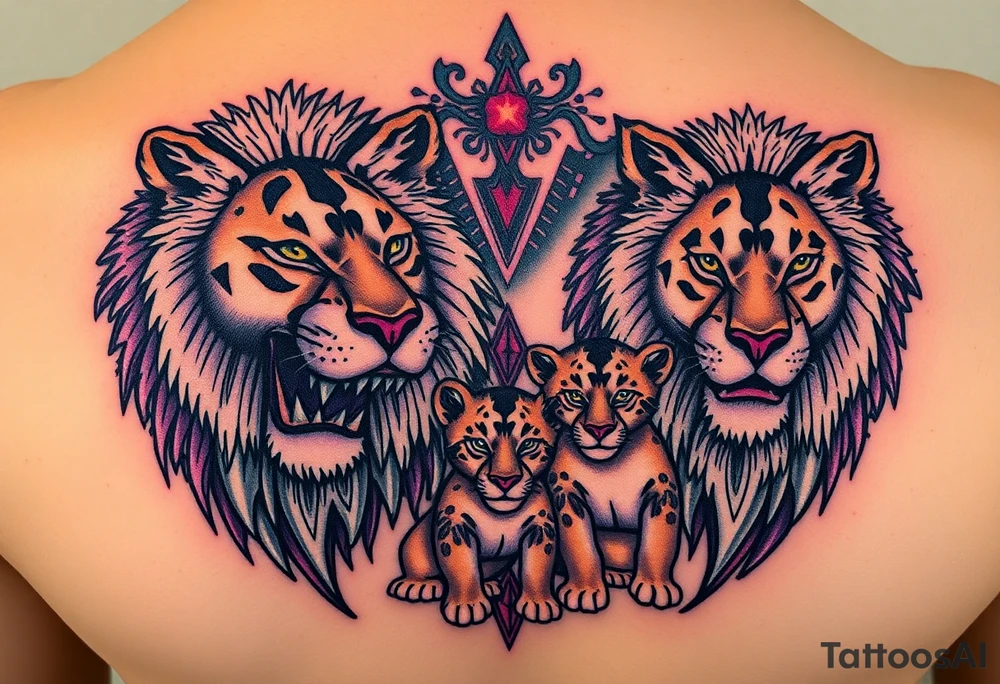 Male, female and cub lions tattoo idea
