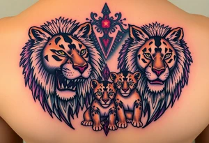Male, female and cub lions tattoo idea