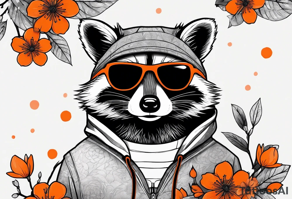 raccoon wearing a black and white Superman hoodie and orange Japanese cherry blossoms tattoo idea