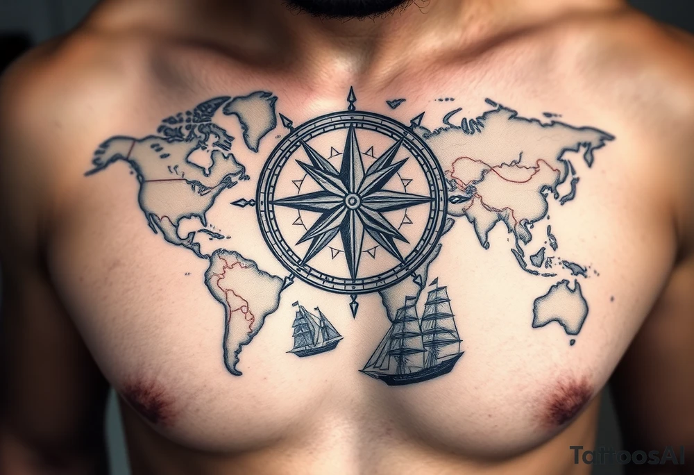 antique compass rose overlaid on weathered world map with sailing ships tattoo idea