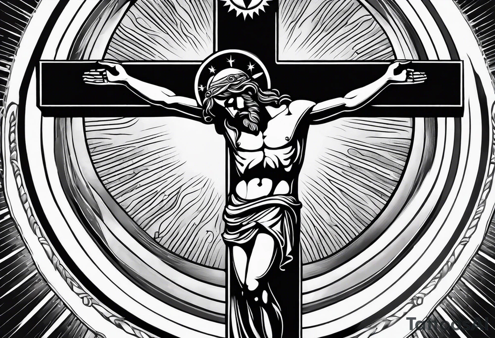 crucifix with sun beams coming from it tattoo idea