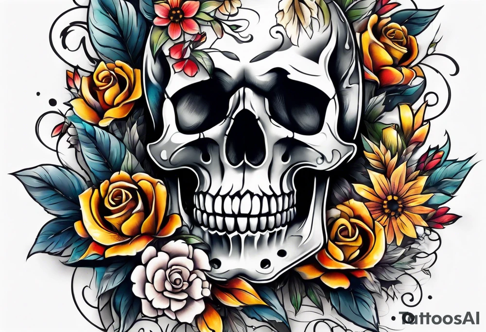 center Knee tattoo with realistic skull, various flowers, water and fall colors tattoo idea