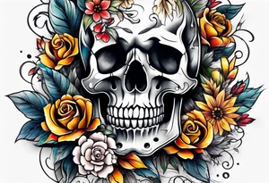 center Knee tattoo with realistic skull, various flowers, water and fall colors tattoo idea