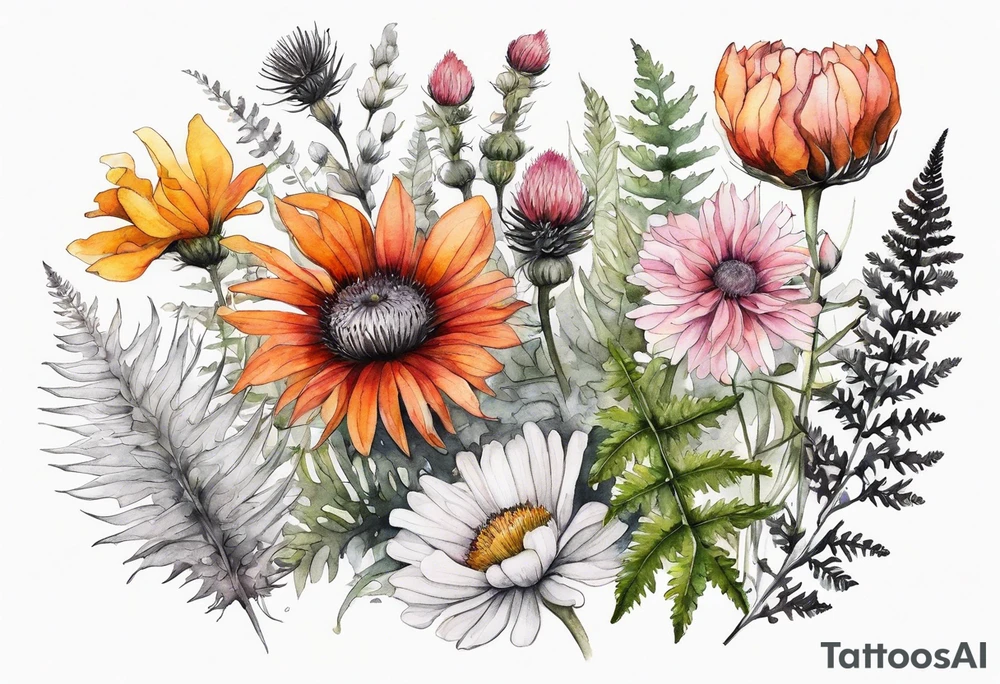 wildflowers with thistles, ferns, burnt orange flower, white flowers, pink flowers, red flowers and yellow flowers all in watercolor tattoo idea