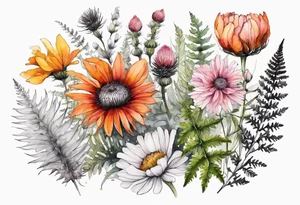 wildflowers with thistles, ferns, burnt orange flower, white flowers, pink flowers, red flowers and yellow flowers all in watercolor tattoo idea