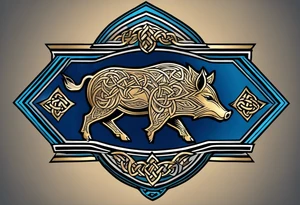 Side profile, Celtic, tribal, wild boar, On a Chatwin family crest with blue background, two gold stars, and a gold Chevron, and a Thistle. With bold black tribal lines. ancient Celtic, tribal boar tattoo idea