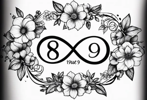 Infinity symbol with February, June, July and September birth flowers on one side and the date 8.30.1997 on the other side tattoo idea