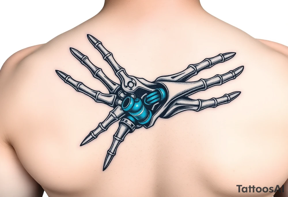 A transparent overlay effect showing the hand's inner mechanical structure, with shimmering metallic blue bones and joints. tattoo idea