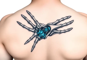 A transparent overlay effect showing the hand's inner mechanical structure, with shimmering metallic blue bones and joints. tattoo idea