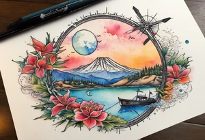 compass rose with half moon bay, mountains, Kansas city skyline and 
Arc de Triomphe, spilled watercolor and tiny jet plane silhouette and a tiny ski boat in the water tattoo idea