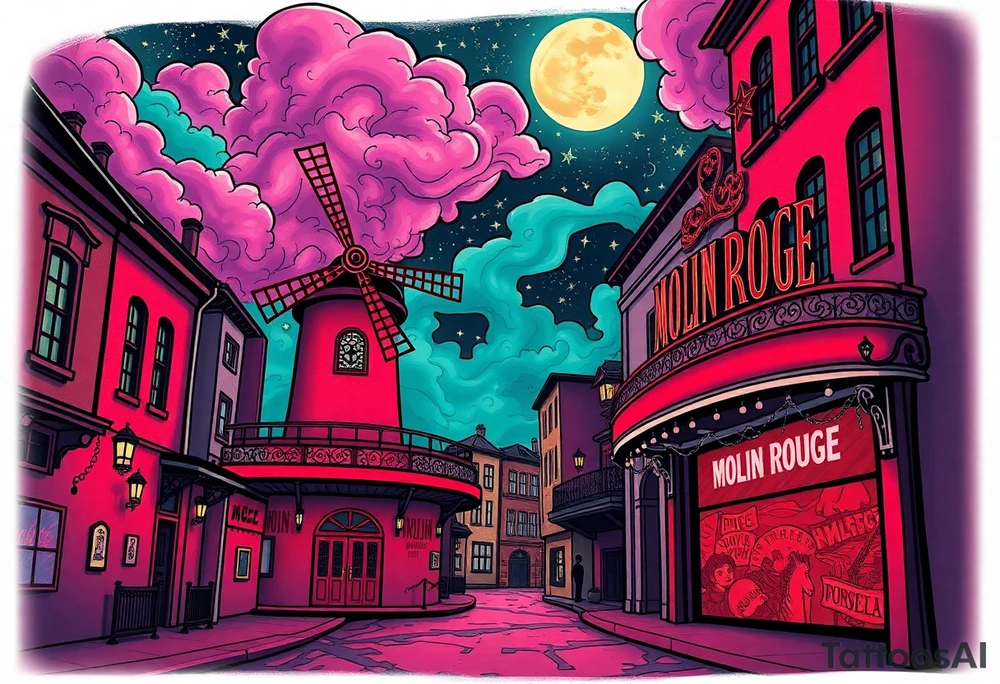 Tim Burton’s moulin Rouge from outside view is the street abandoned and dripping with muted reds, dusty pinks, and eerie green glow purple and cyan smokey clouds swirl and dance in the moonlit night sky filled with twinkling stars  tattoo idea tattoo idea