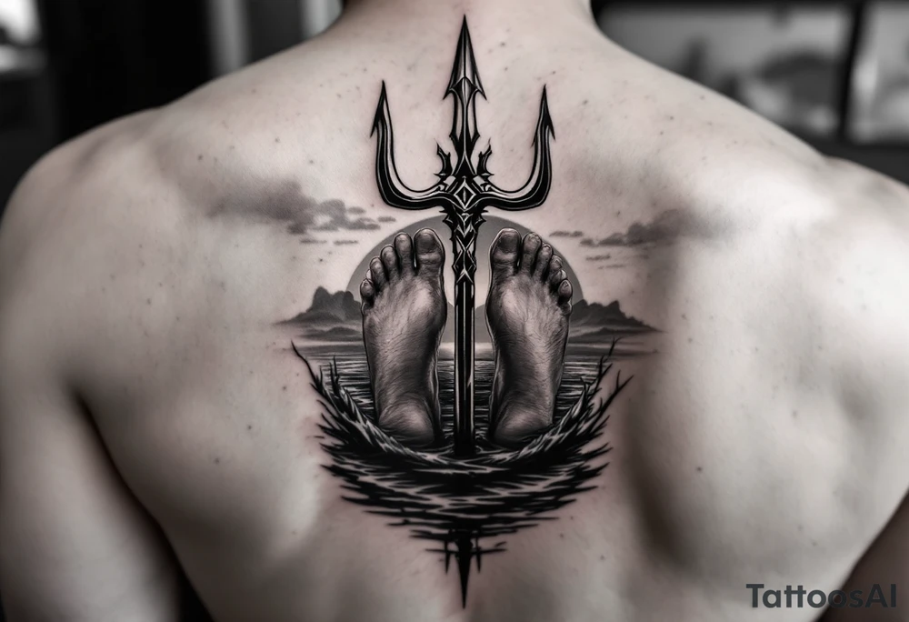 barefeet behind trident with water and sunset tattoo idea