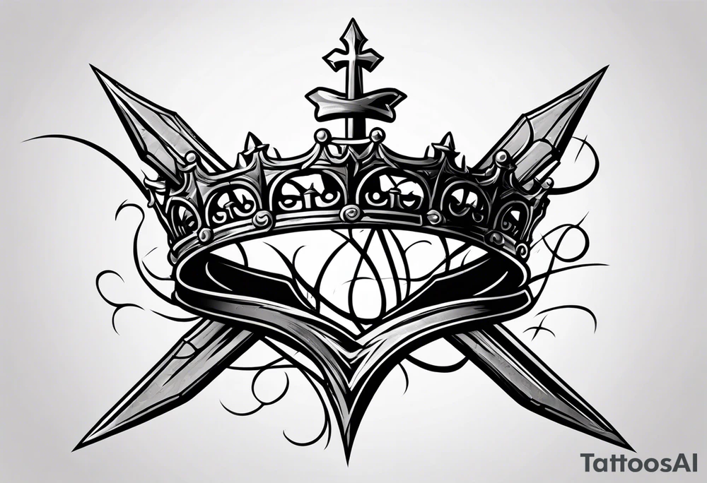 A simple design of a crown of thorns resting on the guard of a sword that is piercing a heart tattoo idea