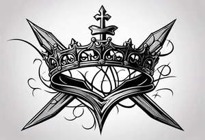 A simple design of a crown of thorns resting on the guard of a sword that is piercing a heart tattoo idea