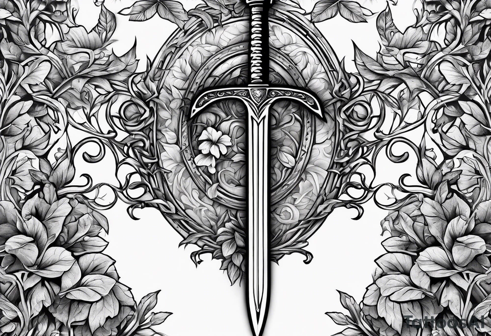Leafy vines with sword tattoo idea