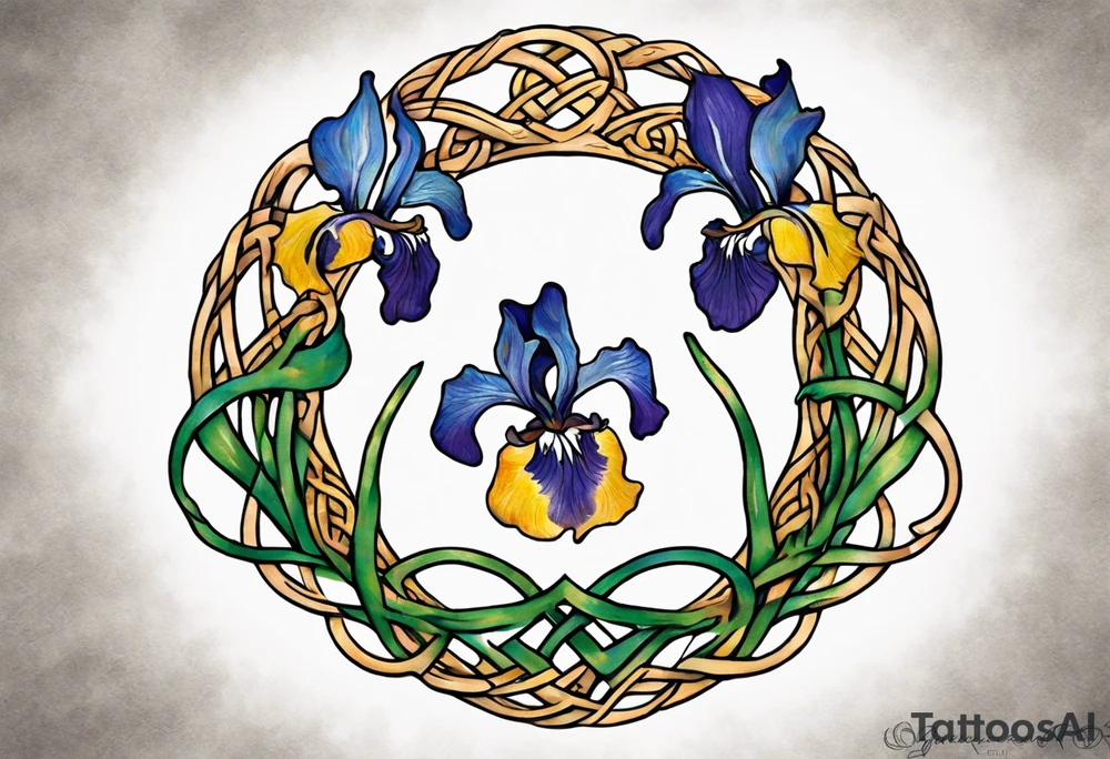 Create a small, colorful Vincent van Gogh Irises tattoo in the form of a crescent, with vines in Celtic knot style gracefully intertwining at a central point in the middle of the wreath. The intended placement is on the upper chest. The middle needs mountains. The overall design should be small in size while maintaining a delicate and artistic aesthetic. Pay attention to the graceful flow of the vines and the placement of the irises to achieve a refined and elegant look. tattoo idea