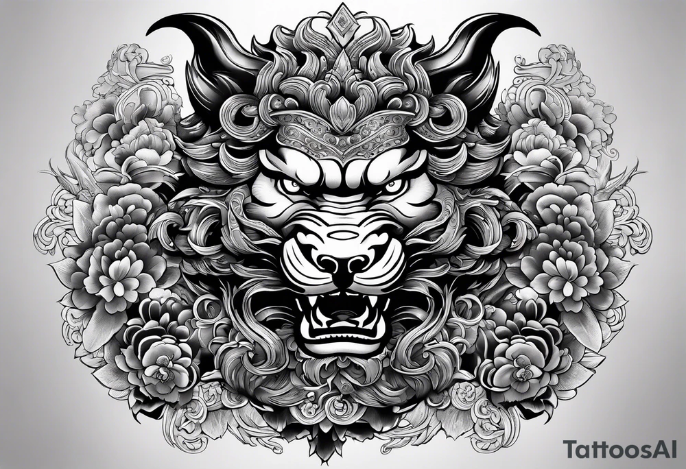 give me an asian gangster style tattoo with a dragon, foo dog on the back and mix it in with a greek style arm sleeve with achilles the greek god tattoo idea