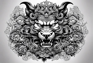 give me an asian gangster style tattoo with a dragon, foo dog on the back and mix it in with a greek style arm sleeve with achilles the greek god tattoo idea