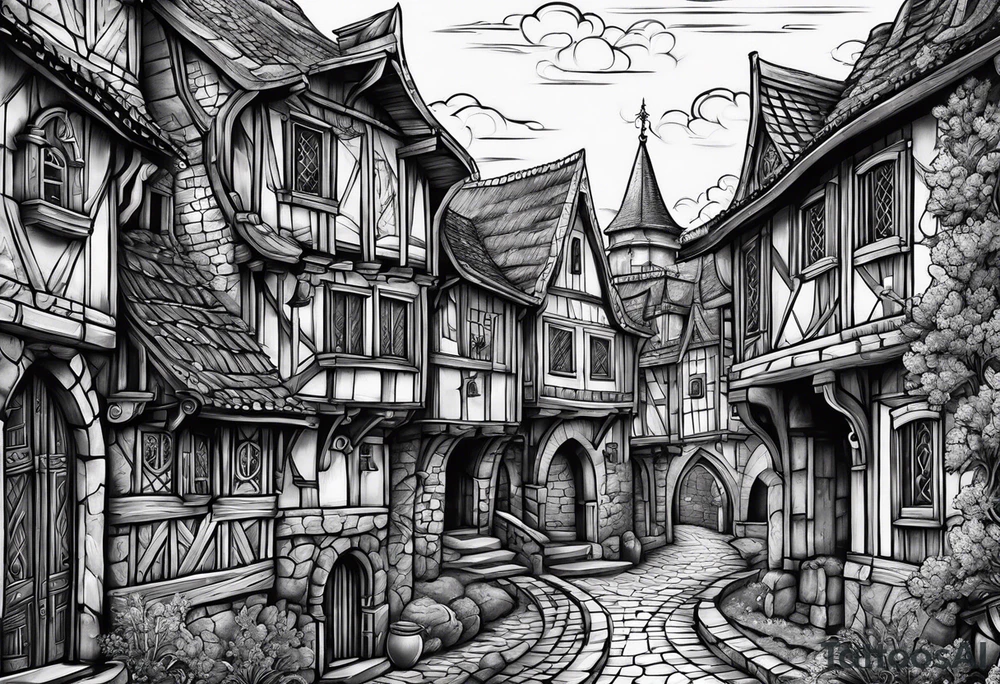 medieval tribal city vignette tattoo idea