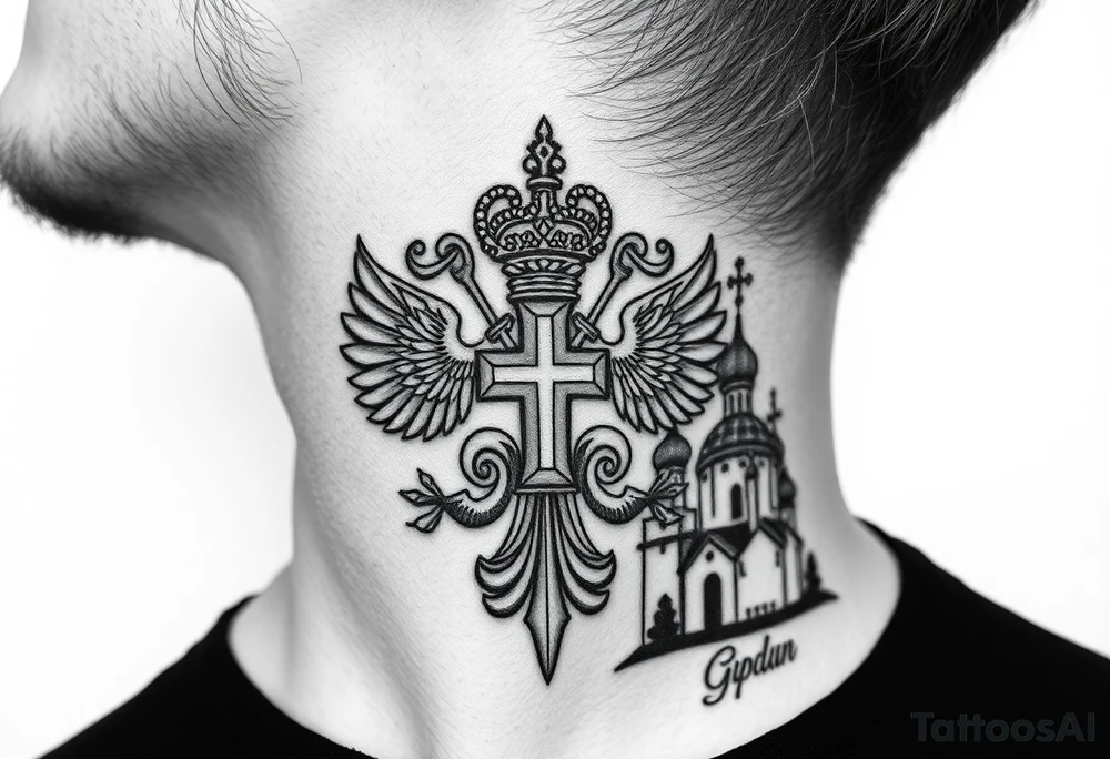 russian coat arms in a russian christian orthodox cross with the cross in the middle with a virgin mary & orthodox dome church on the side of the neck tattoo idea
