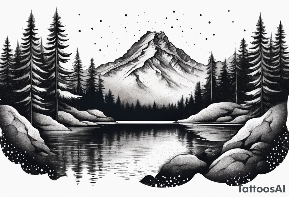 A snow capped mountain with pine trees and a river that becomes a beach tattoo idea