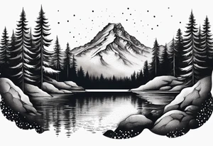 A snow capped mountain with pine trees and a river that becomes a beach tattoo idea