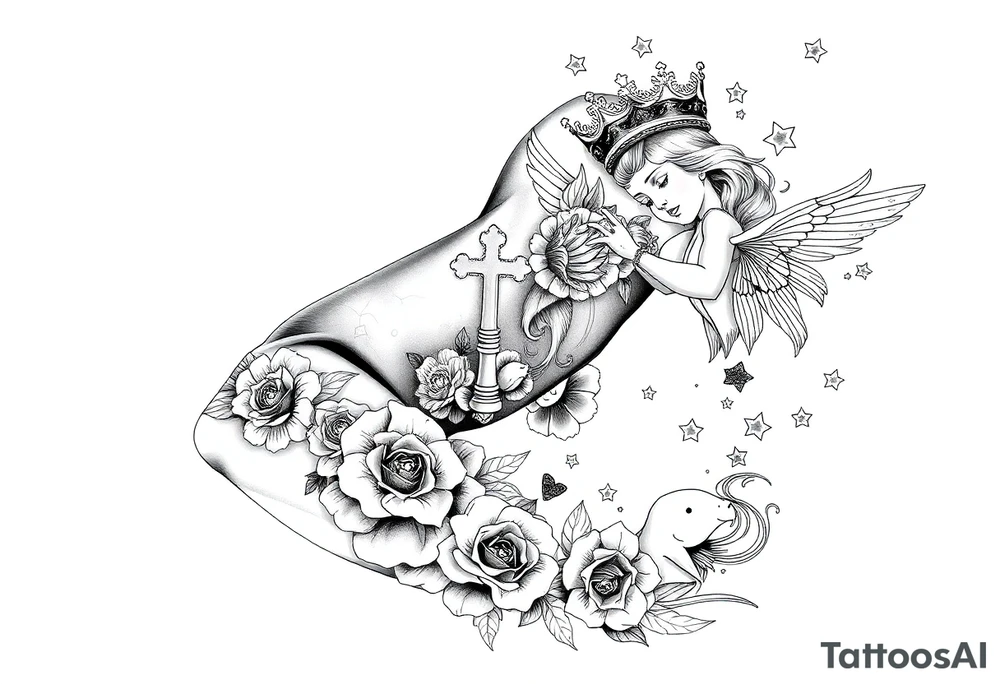 Roulette casino and princess and cross, baby angels, roses and stars and fish, crown, rosebead tattoo idea