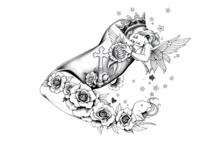 Roulette casino and princess and cross, baby angels, roses and stars and fish, crown, rosebead tattoo idea